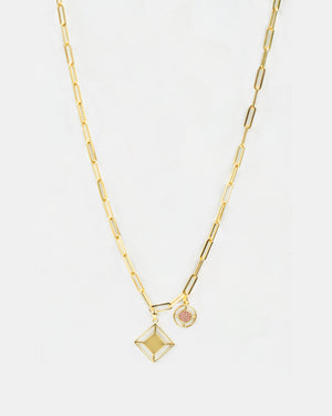 Large Link Charm Necklace Gold with Pink