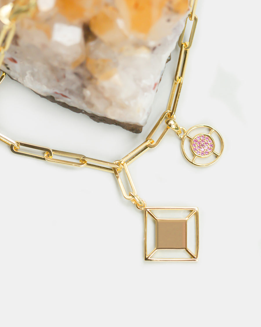 Large Link Charm Bracelet Gold with Pink