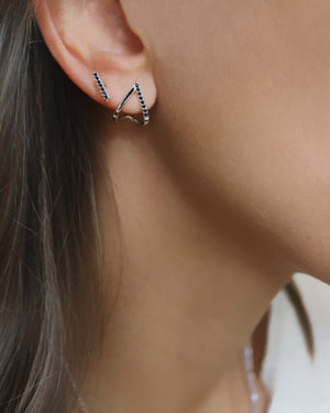 Linear Stone Earrings Silver Black