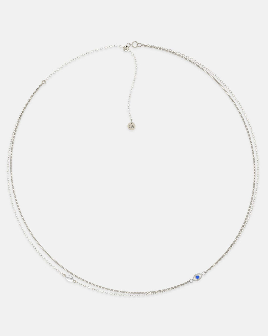Double Chain Necklace Evil Eye Silver Blue