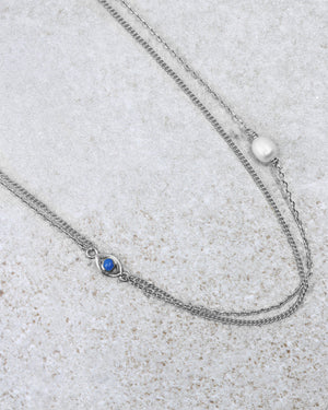 Double Chain Necklace Evil Eye Silver Blue